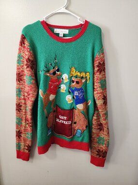 Jolly Sweaters Large “Get Blitzed” Ugly Christmas Sweater Reindeer Beer Pullover